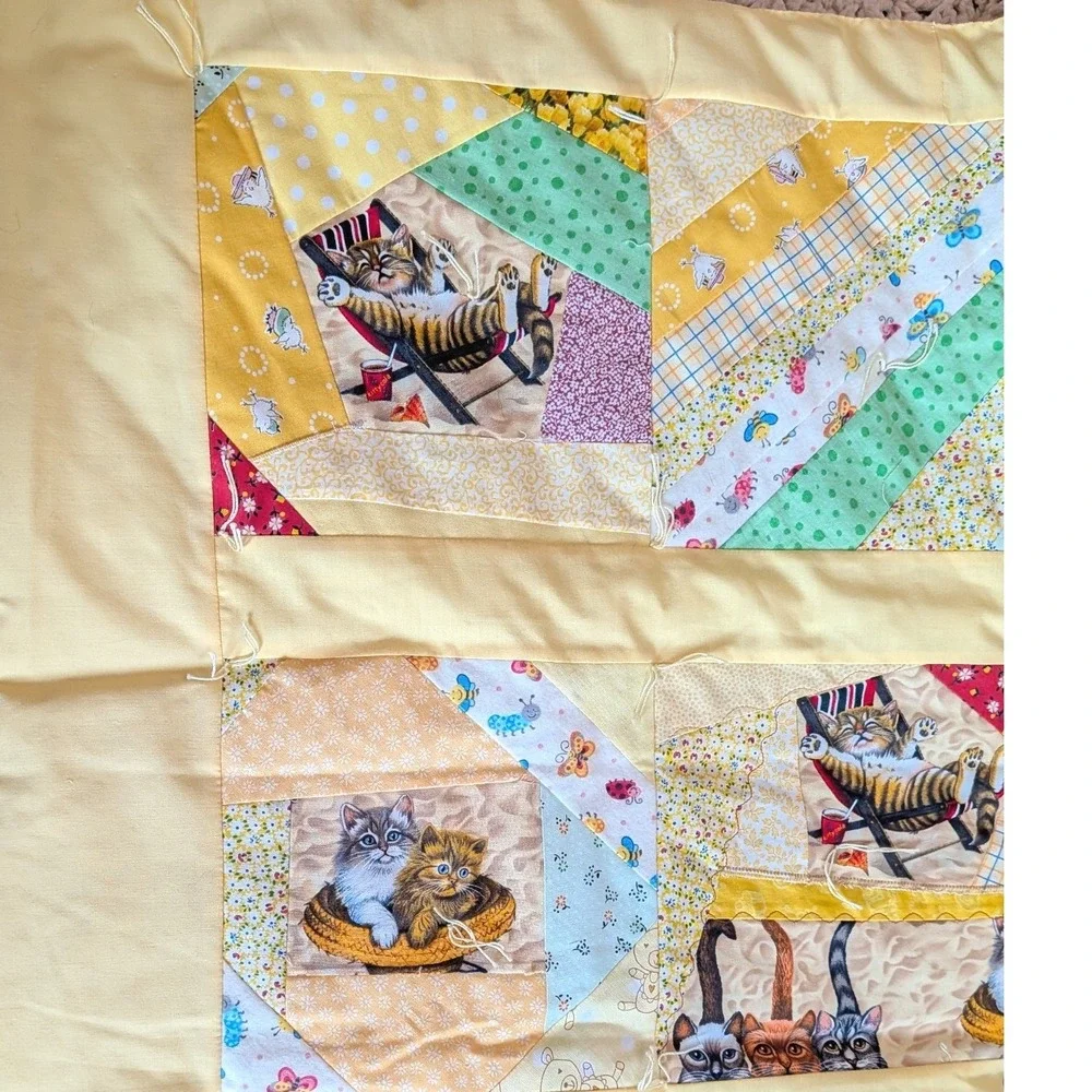 Handmade Kitten Quilted Baby Blanket Yellow Patchwork Cat Crib Quilt 37x40